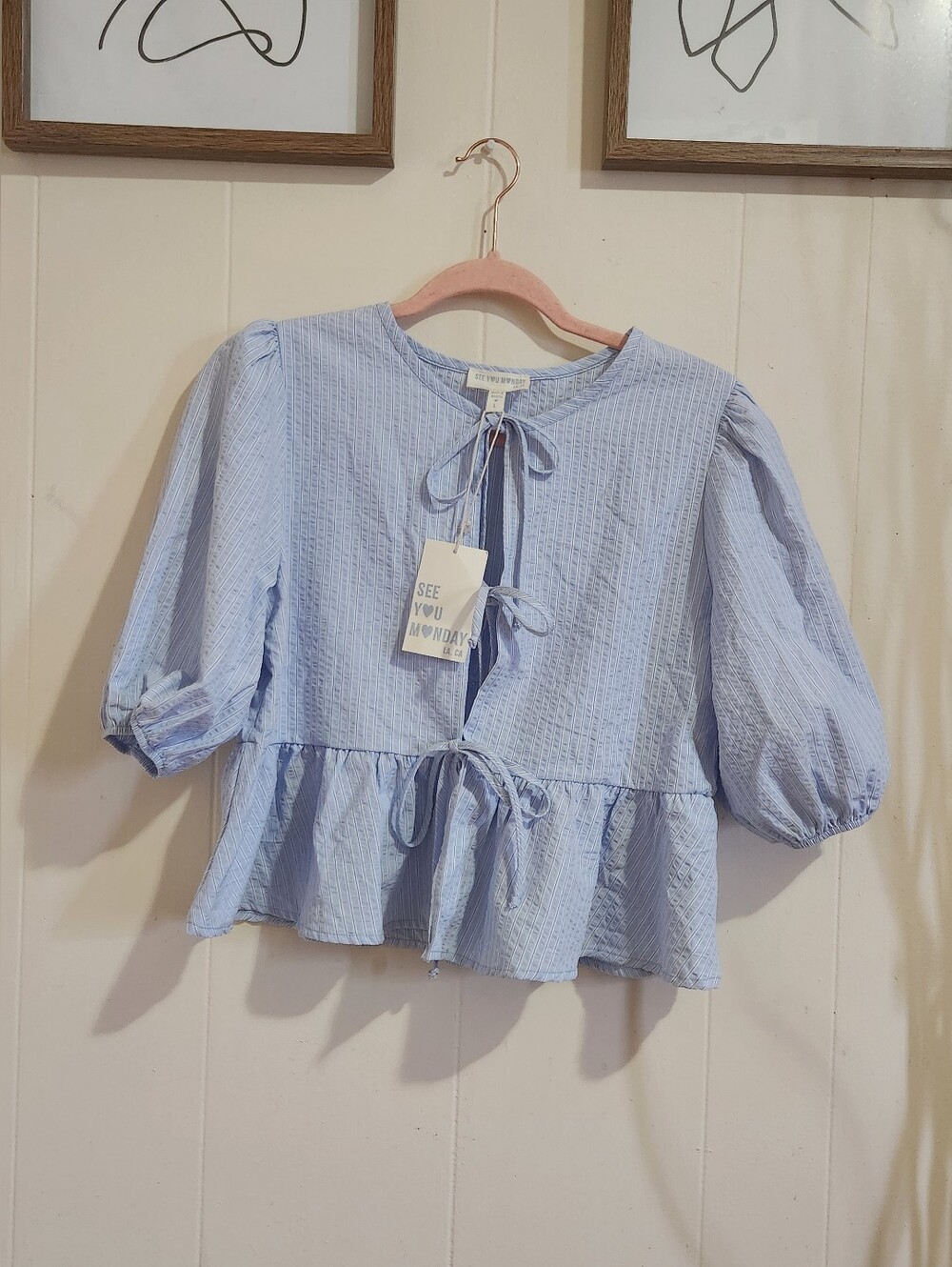 See You Monday Light Blue Tie-Front Peplum Top with Puff Sleeves